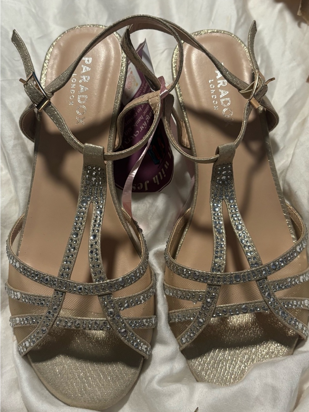 Paradox London Gold Rhinestone Strappy Wedge Sandals NWT Sz 7